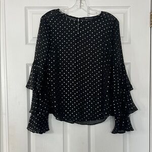 Elegant Black top with silver Polka Dot Ruffle Blouse